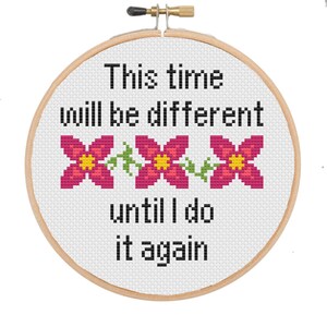 May include: Cross stitch embroidery hoop with the text "This time will be different until I do it again" and three pink flowers with yellow centres.