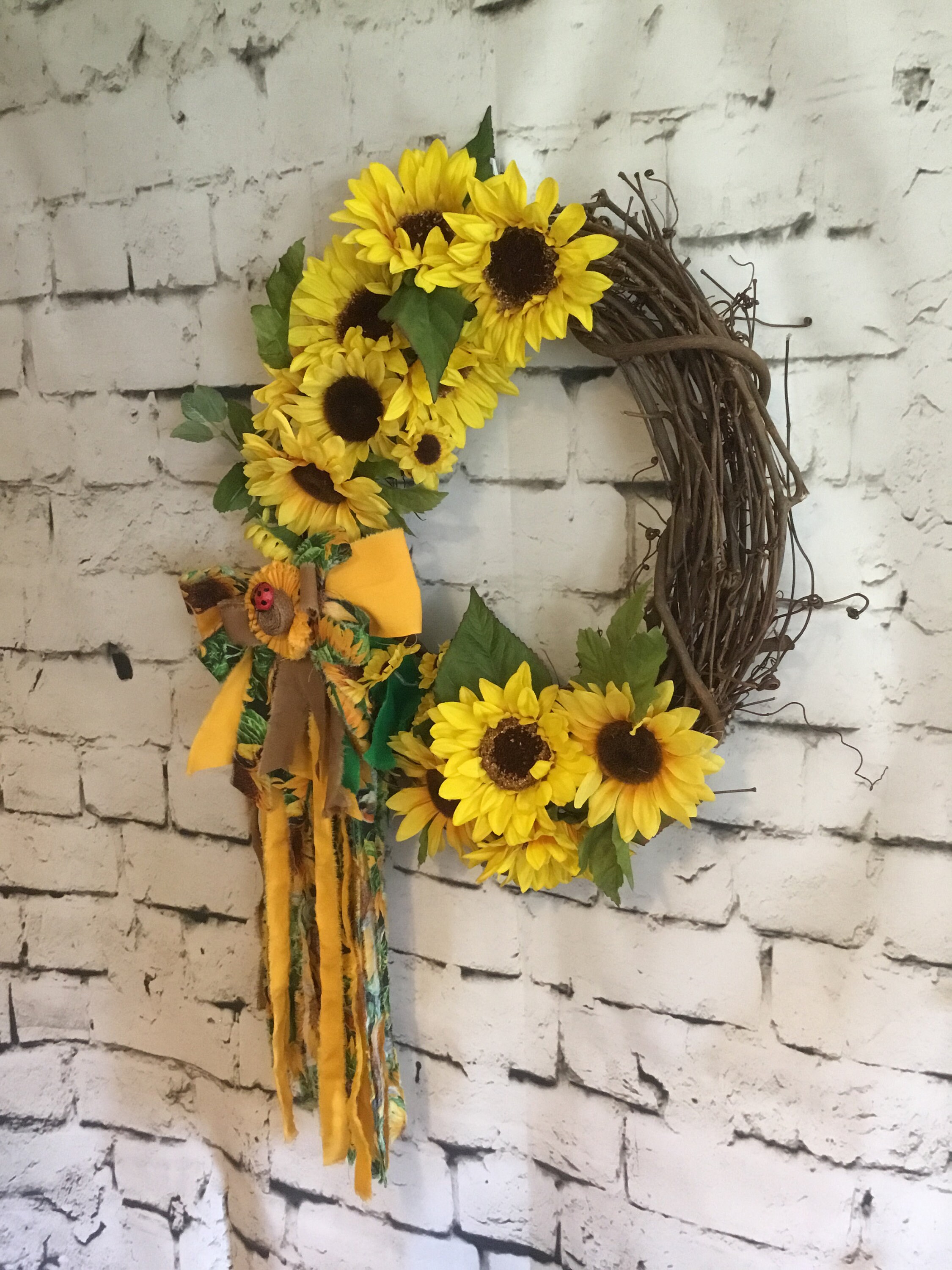 Sunflower Grapevine Wreath, Rag Bow Sunflower Wreath, Summer Wreath ...