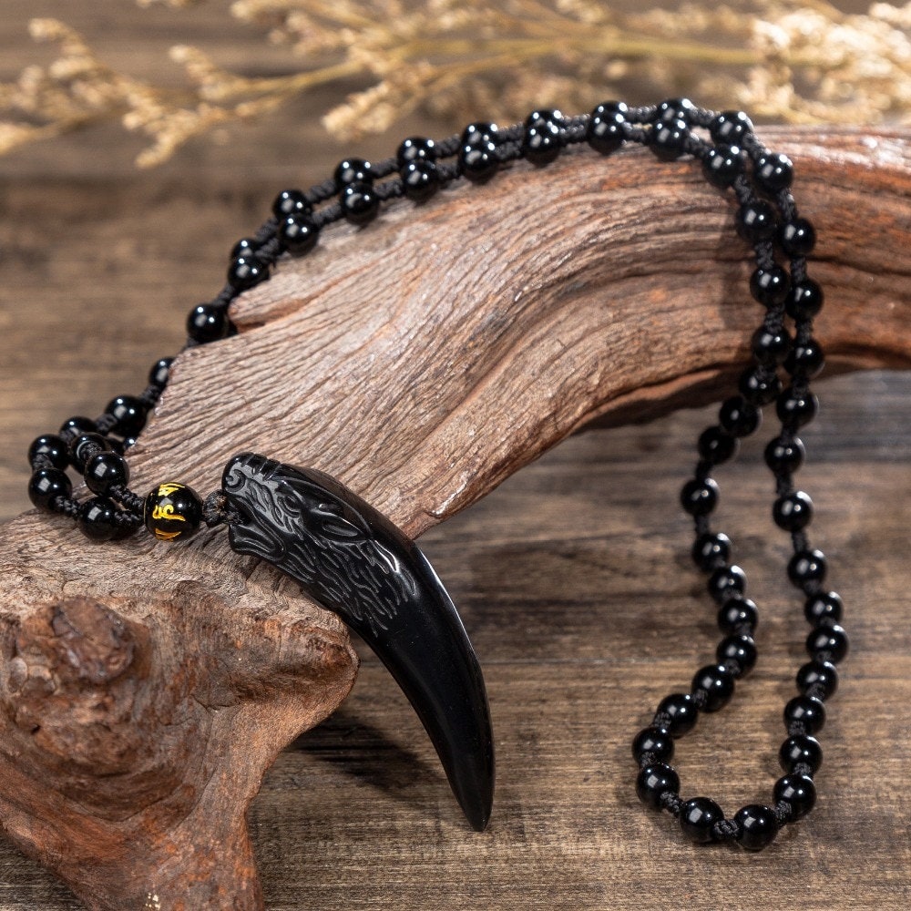 Nature Obsidian Wolf Tooth Pendant Necklaces Lucky Beaded Rope