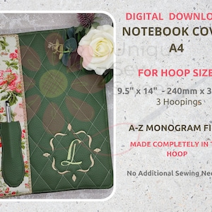 ITH A4 Notebook Cover, Monogram Machine Embroidery File, Gift, Embroidery Machine Book Cover Design, In The Hoop Project 9.5X14, Pen Holder