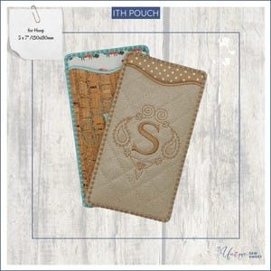 May include: Two rectangular pouches for a 130x180mm hoop. One pouch features a natural cork texture with a teal trim, while the other is beige quilted fabric with a tan polka dot top border and a central embroidered letter S in a floral frame.