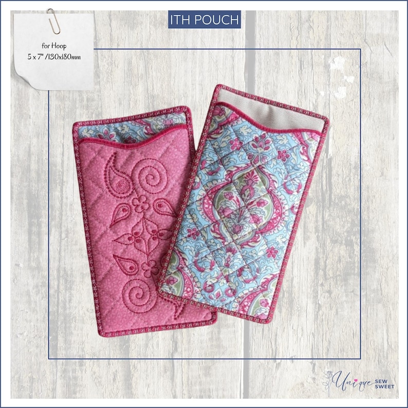 May include: Two rectangular fabric pouches with a 5x7 inch size label. One pouch is solid pink with quilted swirl and floral embroidery. The other pouch features a light blue, pink, and green paisley print with a quilted diamond pattern.
