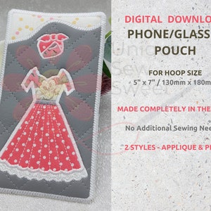 ITH Glasses Phone Case Dress & Head Scarf Embroidery Machine Applique Designs, Machine Embroidery Pouch, In The Hoop Easy Design, 5x7 Hoop