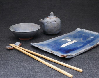 Ceramic sushi set. Handmade sushi set. Includes 1 plate, bowl, chopstick rest and a soy sauce dispenser