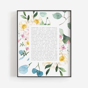 Colossians 3:12-17 | Printable | Clothe yourselves with compassion, kindness, humility, gentleness and patience | Bible verse art