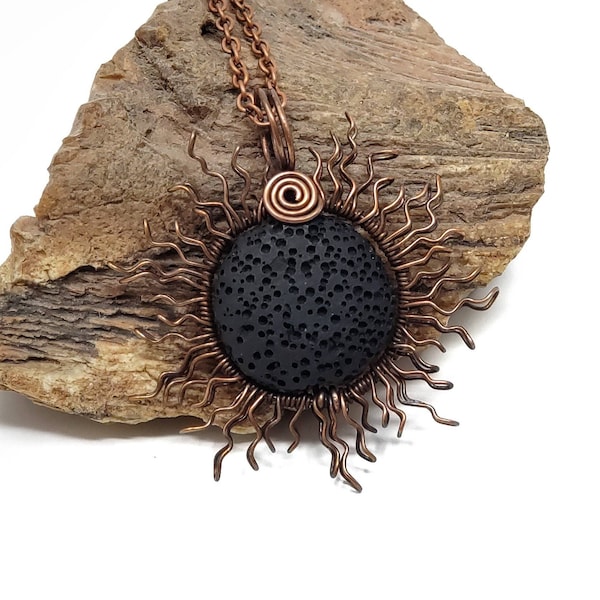 Solar Eclipse Pendant, Copper Wire Sun, Black Lava Bead, Wire Wrapped Jewelry, Eclipse 2017, Eclipse Necklace, Total Eclipse, Black Moon