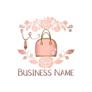 May include: A pink and gold handbag with a floral design and a crystal pendant. The text "BUSINESS NAME" is below the handbag.