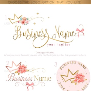 Crown bow flower pink logo, crown princess girly logo, princess logo, girls business logo, boutique logo, fashion logo, branding identity
