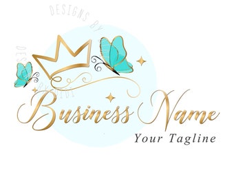 Butterfly Crown Logo, Gold and Blue, Premade Boutique Fashion Logo