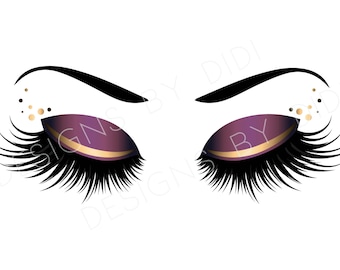 Puede incluir: Un par de ojos cerrados con una sombra de ojos púrpura dramática y delineador de ojos dorado. Las pestañas son largas y gruesas, y hay destellos de brillo dorado en los párpados.