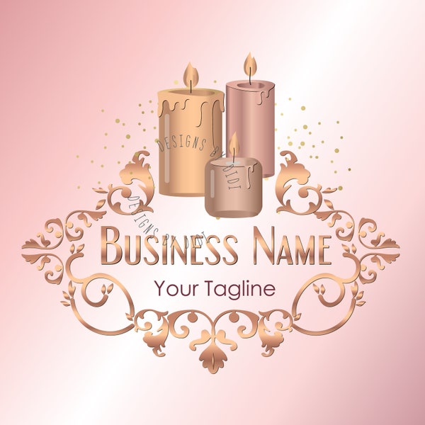 Candles logo, shop candle decoration, candle flame, glitter rose gold pink candles wax logo design Business logo design, branding identity