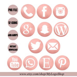 Rose Gold Social Media Icons | Instagram Facebook YouTube PNG | Blush Glitter Web Icons Set