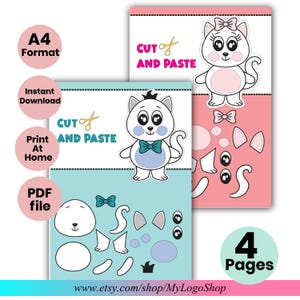 Könnte beinhalten: Zwei ausdruckbare Bastelbögen zum Thema Katze. Ein Bogen ist rosa und der andere blau. Jeder Bogen zeigt eine Cartoon-Katze mit den Worten "CUT AND PASTE". Der rosa Bogen hat eine Katze mit einer Schleife, und der blaue Bogen hat eine Katze mit einer Fliege. Das Bild enthält auch den Text "A4 Format", "Sofort-Download", "Zu Hause drucken", "PDF-Datei" und "4 Seiten".
