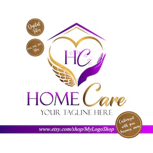 Home care logo, Nurse staffing agency logo, Elderly healthcare heart logo, vector senior care logo, angel wings hand heart Residential home