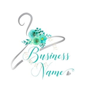 Hanger logo, clothes boutique logo, fashion silver teal blue hanger logo, beauty logo, closet logo design, branding package, vector logo
