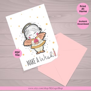 Geburtstagskarte für Kinder, kleiner Engel mit Cupcake lustig Printable Wunsch Geburtstagskarte machen, Illustration zum Ausdrucken bereit, alles Gute zum Geburtstag
