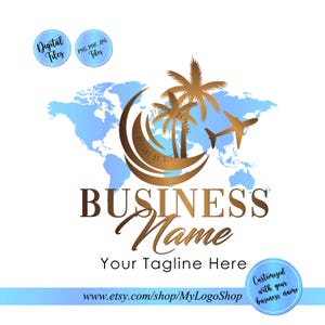 Reise-Logo, Reisebüro-Logo, exotisches Palmen-Reiseziel, Gold-Türkis-Himmelblau-Reise-Logo-Design, Weltkarte-Vektorgrafik-Reisegeschäft