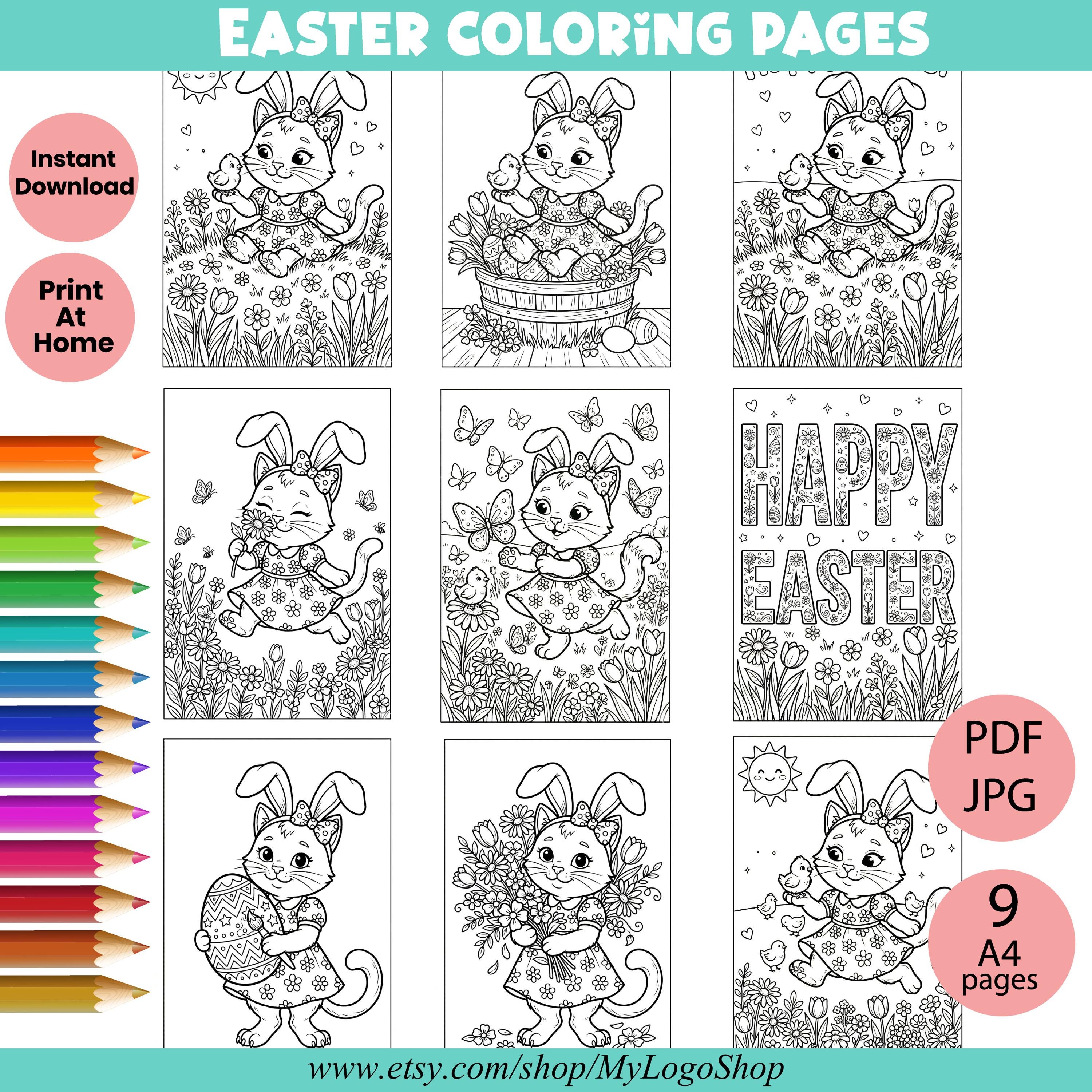 Easter Cat With Bunny Ears Coloring Pages Kids Printable PDF, Spring ...
