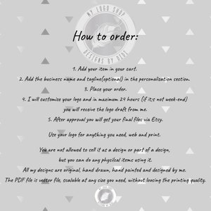 May include: A white and gray graphic with a black circle containing the text "MY LOGO SHOP" and "DESIGNS BY DIDI". The text "How to order" is in a large black font. The graphic contains instructions for ordering a custom logo, including adding the business name and tagline, placing an order, and receiving a logo draft within 24 hours.