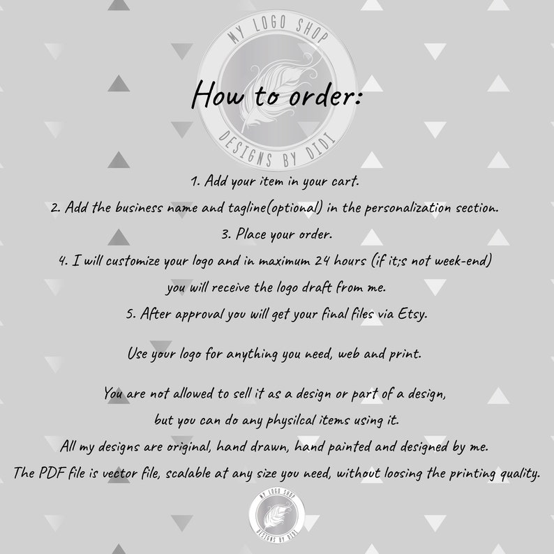 May include: A white and gray graphic with a black circle containing the text "MY LOGO SHOP" and "DESIGNS BY DIDI". The text "How to order" is in a large black font. The graphic contains instructions for ordering a custom logo, including adding the business name and tagline, placing an order, and receiving a logo draft within 24 hours.