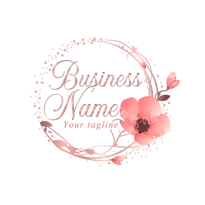 May include: A pink floral logo design with a rose gold wreath and the text "Business Name Your tagline".