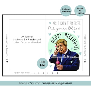 Cartão de aniversário engraçado do Trump para impressão em PDF, arquivo digital de cartão de felicitações de desenho animado sarcástico do Trump, cupcake de paródia de cartão Trump pronto para imprimir