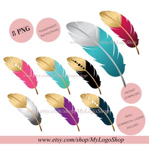 May include: A collection of eight colorful feather illustrations with gold accents. Each feather features a different color, including pink, teal, black, purple, and red. The image includes text that says "8 PNG", "Transparent Background", and "Instant Download".