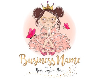May include: A cartoon illustration of a girl wearing a crown and glasses, dressed in a pink dress and shoes. Two pink butterflies are in the background. The words "Business Name" and "Your Tagline Here" are written in gold script.