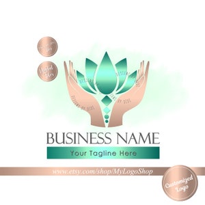 Spa relaxing logo, lotus hands beauty treatment logo, Wellness Center logo, teal blue  flower logo, Therapy Logo, Massage skincare Logo