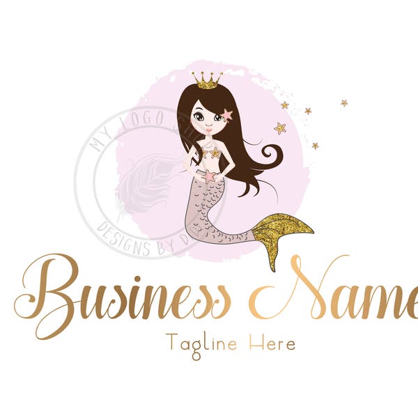 Mermaid children boutique Logo, fashion beauty salon logo, kids mermaid Logo Design, blue gold mermaid Business Logo, vector nautical logo