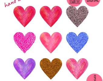 Valentijn handgeschilderde harten png, aquarel penseelstreken hart clipart, afdrukbare illustratie