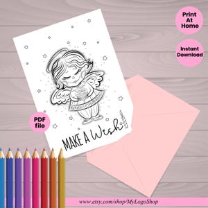 Geburtstagskarte für Kinder, Ausmalen kleiner Engel mit Cupcake witzig Printable Wunsch Geburtstagskarte machen, Illustration fertig zum Drucken