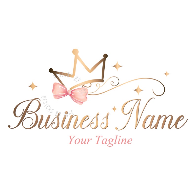 May include: Gold crown with a pink bow and stars, with the text "Business Name" and "Your Tagline" below.