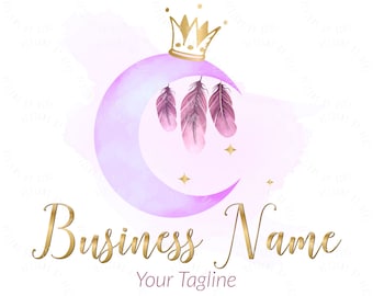 Purple Gold Moon Feathers Logo: Premade Boutique Branding