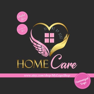 Home care logo, Nurse staffing agency logo, Elderly healthcare heart logo, vector senior care logo, angel wings hand heart Residential home