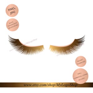 May include: A graphic of two sets of eyelashes in shades of brown and gold, with a white background. The image includes text that says "PNG, JPG", "WHITE TRANSPARENT BACKGROUND", "INSTANT DOWNLOAD", and "SMALL COMMERCIAL LICENSE INCLUDED". The website address www.etsy.com/shop/MyLogoShop is also visible.