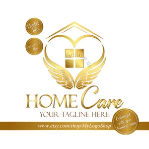 Home care logo, angel wings house heart logo, Nurse staffing agency logo, Elderly healthcare modern logo, feminine vector senior care logo