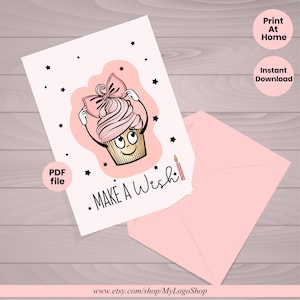 Geburtstagskarte für sie lustigen niedlichen Cupcake mit Haarschleife, Printable machen einen Wunsch Geburtstagskarte, Illustration bereit zum Geburtstag alles Gute zum Geburtstag zu drucken