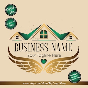 May include: A logo design featuring a house with green and gold accents, the text "BUSINESS NAME" and "Your Tagline Here". The design includes gold wings and a green heart. The image also includes the text "Digital Files" and "Customized with your business name".