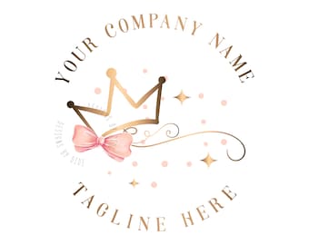 Crown bow princess Logo, boutique logo, fashion logo, beauty logo, round circle design, girls business logo, feminine logo, branding pack