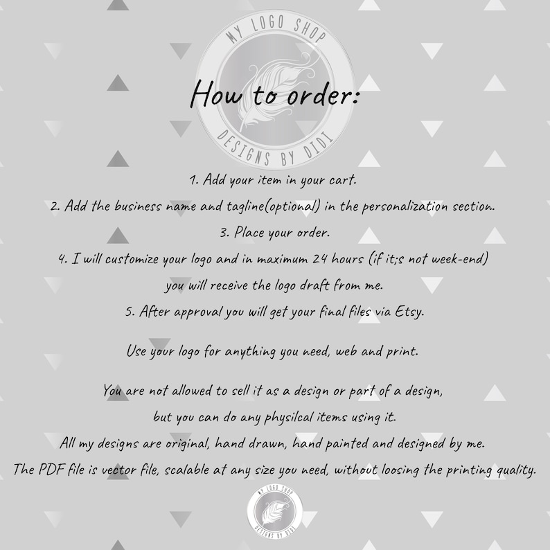 May include: A white and grey graphic with a black circle containing the text "MY LOGO SHOP" and "DESIGNS BY DIDI". The text "How to order" is in a large black font. The graphic contains instructions for ordering a custom logo, including adding the business name and tagline, placing an order, and receiving a logo draft within 24 hours.
