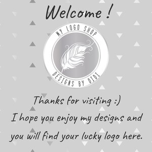 May include: A silver circle with a feather design and the text "MY LOGO SHOP DESIGNS BY DIDI" inside. The background is gray with a pattern of white triangles.