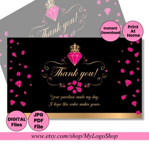 Cartão de agradecimento joias de diamante Download instantâneo, arquivo digital de cartão de agradecimento pdf cristais gemas glitter, cartão de agradecimento para impressão rosa choque