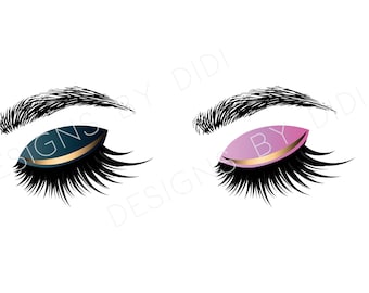 Puede incluir: Dos ilustraciones estilizadas de ojos cerrados con pestañas dramáticas. El ojo superior tiene una sombra de ojos azul verdoso con un acento dorado. El ojo inferior tiene una sombra de ojos rosa con un acento dorado.
