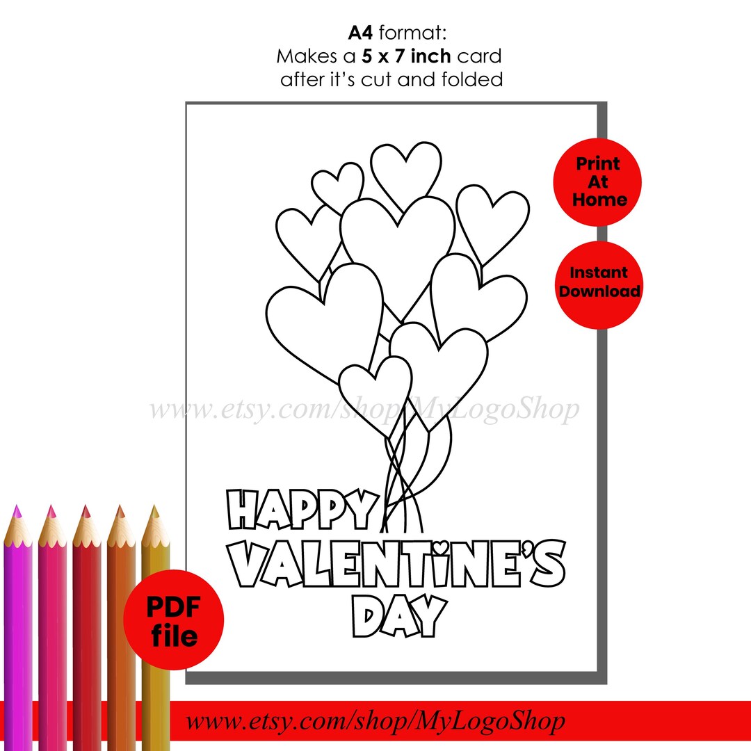 Printable Valentine's Day Coloring Card: Hearts &amp; Balloons (PDF Digital ...