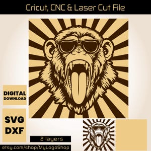May include: A digital download graphic featuring a monkey wearing sunglasses with its mouth open and tongue sticking out. The design is in shades of brown and tan, with a sunburst background. Text includes "Cricut, CNC & Laser Cut File", "Digital Download", "SVG DXF", and "2 layers".