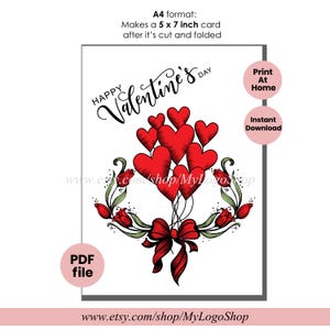 Biglietto di auguri stampabile per San Valentino, illustrazione di nastro con ghirlanda floreale e cuori disegnati a mano retrò, biglietto da 5 x 7 POLLICI, download di file digitale PDF