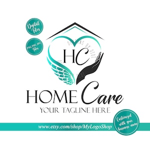 Home care logo, Nurse staffing agency logo, Elderly healthcare heart logo, vector senior care logo, angel wings hand heart Residential home