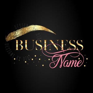 Puede incluir: Logotipo de diseño de cejas dorado con el texto "Designs by Didi" y "Business Name" en una fuente cursiva rosa.
