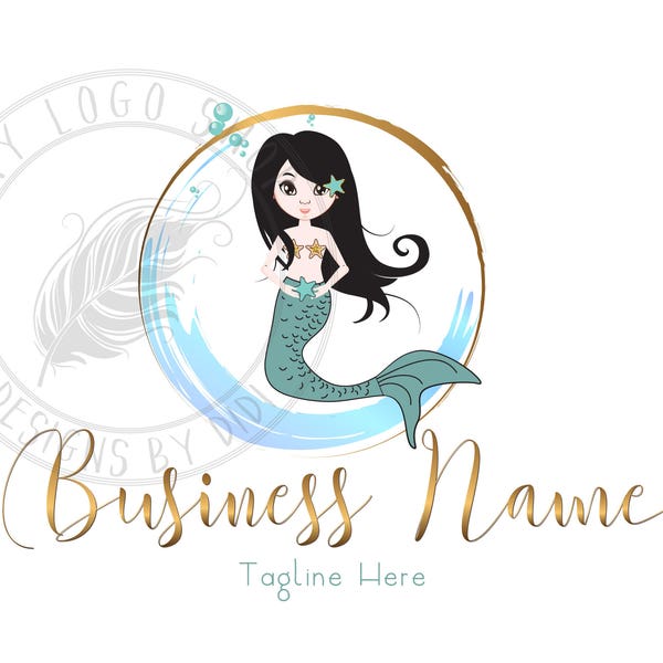 Mermaid children boutique Logo, fashion beauty salon logo , kids mermaid Logo Design, blue gold mermaid Business Logo, vector nautical logo